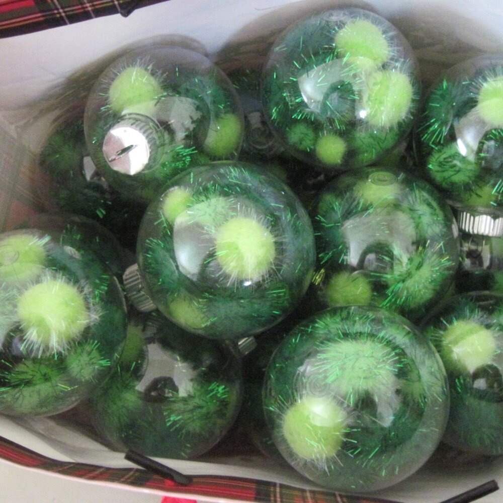 DARICE-29Pc.Green Glitter-2.5in Clear Ornaments-3 Bags (120) Tinsel Pom Poms New